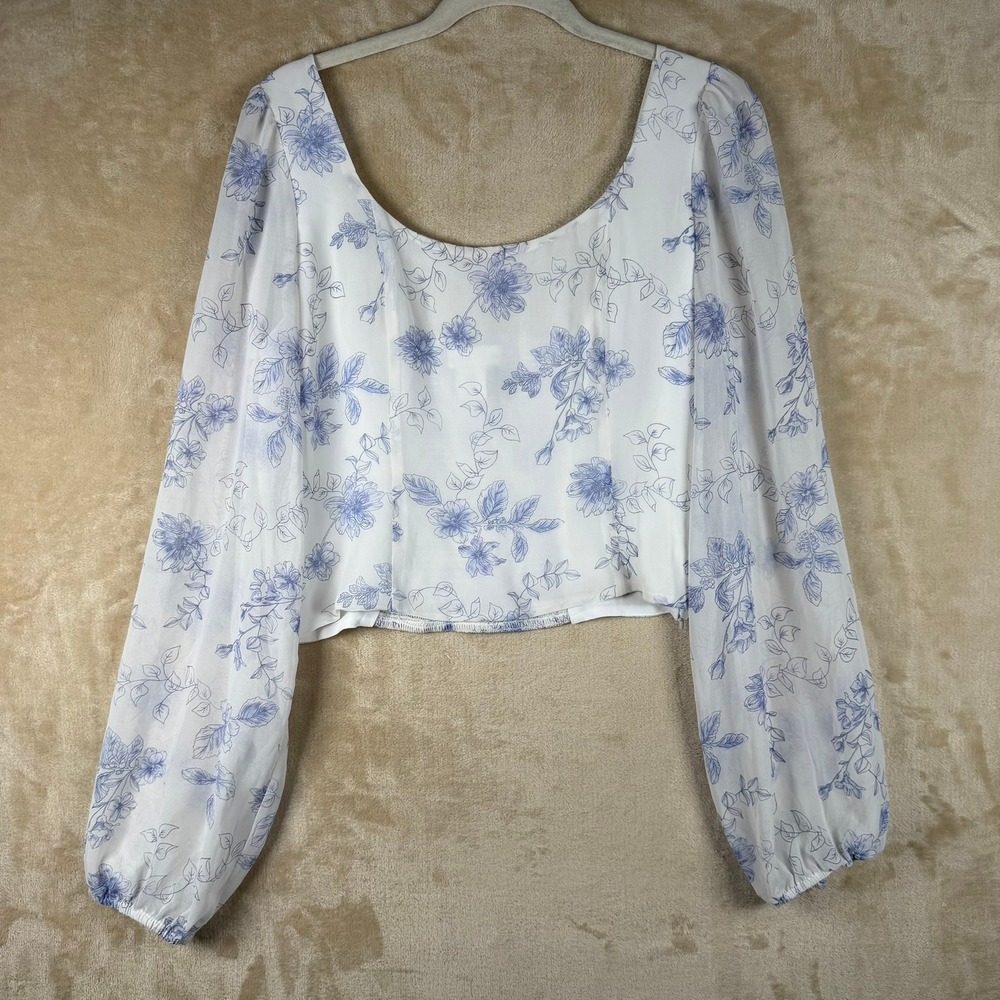 House of Harlow 1960 Womens Med Blue‎ Floral Smocked Crop Top Balloon Sleeve